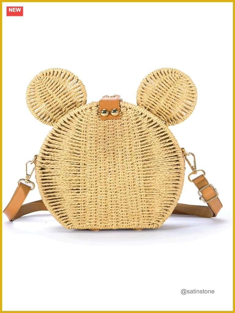 Handwoven Round Rattan Straw Bag Purse With Cute Mouse Ears Crossbody Shoulder